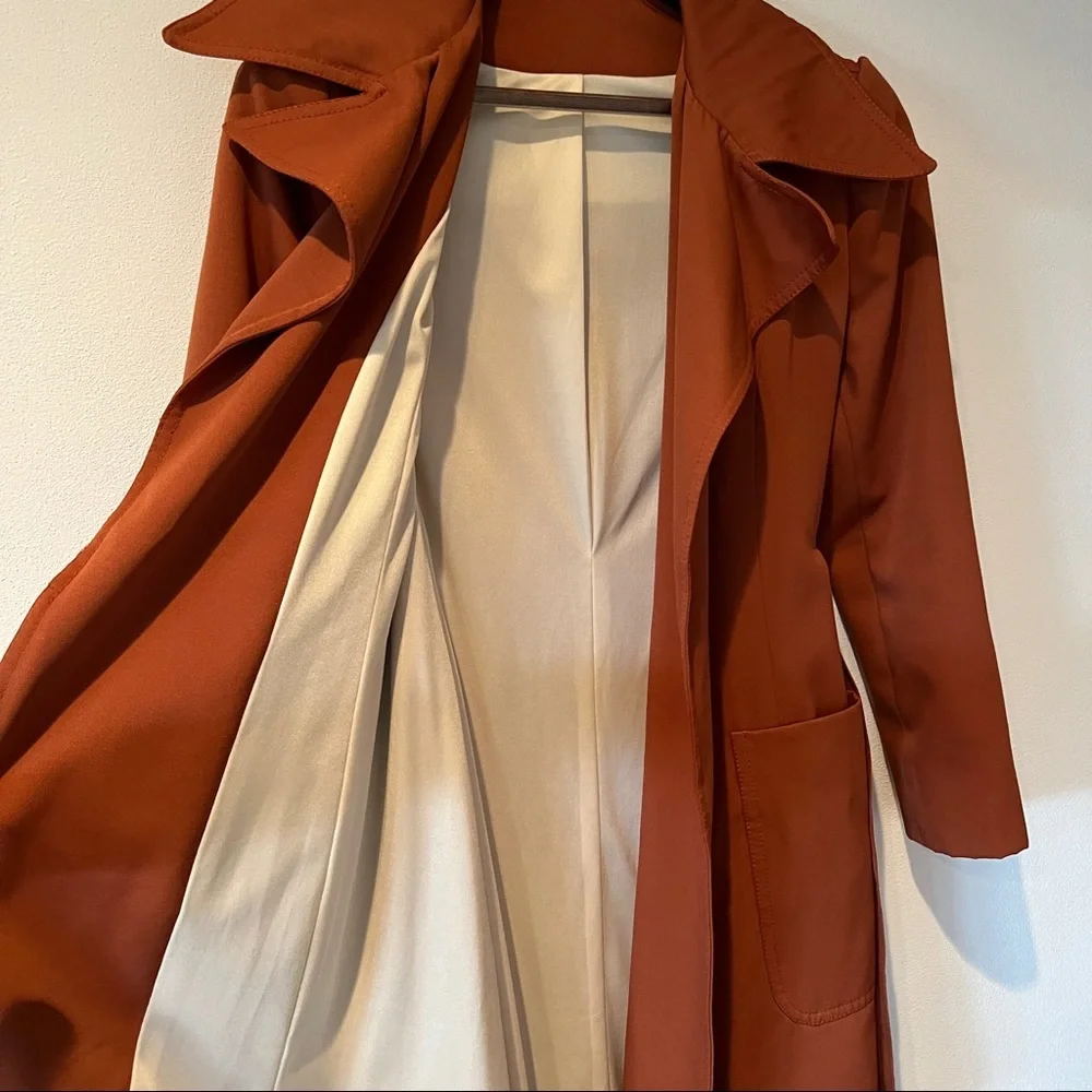 Vintage Handmade Open Front Belted Trench Lined Large Lapels - Picture 5 of 10